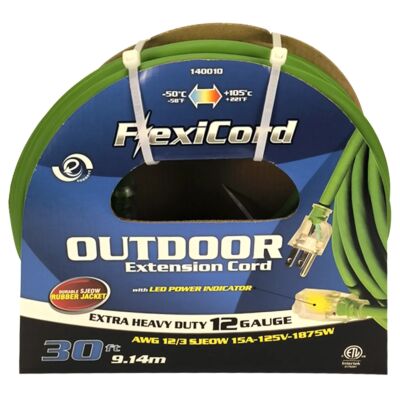 30' Outdoor Extension Cord – SJEOOW 12/3 – Lighted Single Outlet – Green