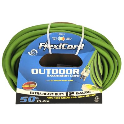 50' Outdoor Extension Cord – SJEOOW 12/3 – Lighted Single Outlet – Green