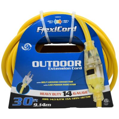 30' Outdoor Extension Cord – SJTW 14/3 – Single Tap – Yellow
