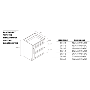 12" Drawer Bank Base Cabinet - White Shaker - 12"W x 34.5"H x 24"D