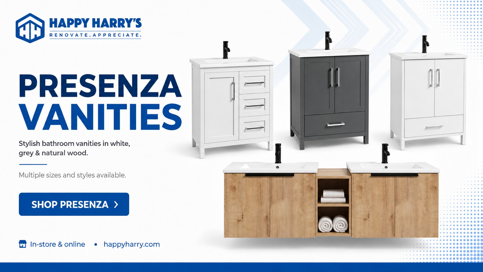 Presenza vanities — stylish bathroom vanities in white, grey and natural wood